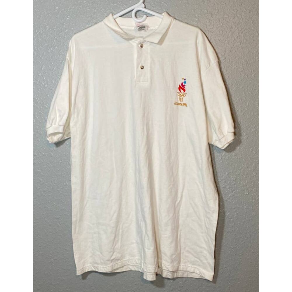 Vintage XL Hanes Olympics 1996 White Polo Torch Embroidered Sports 100 year Anni